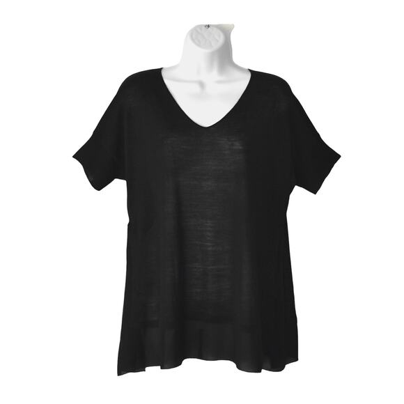 A5 NEW EILEEN FISHER Petite Layered Detail Black Silk Short Sleeve Top Size PM - Picture 1 of 6